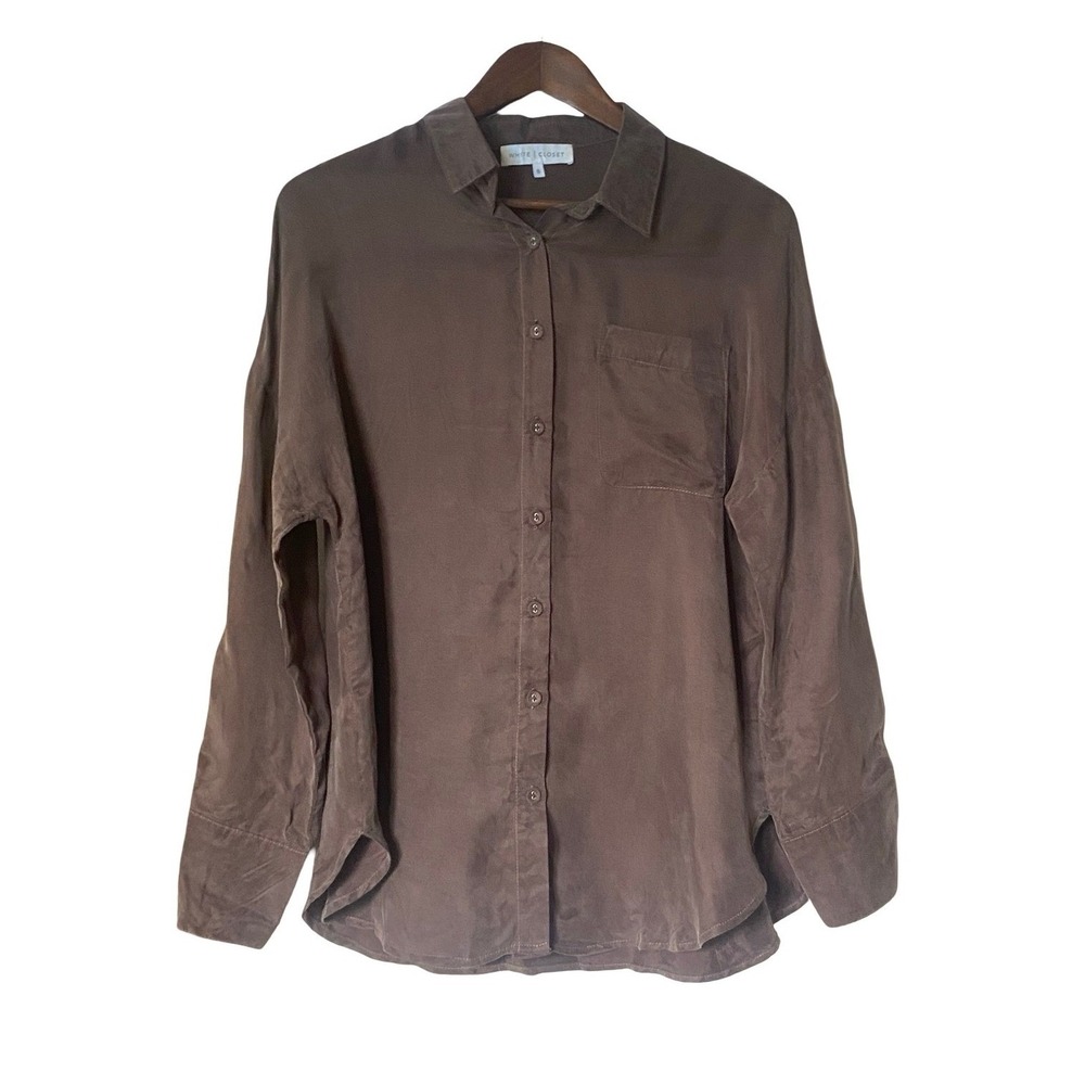 White Closet Women Button Down Shirt Size 8 Brown Cupro Viscose Long Sleeve Top